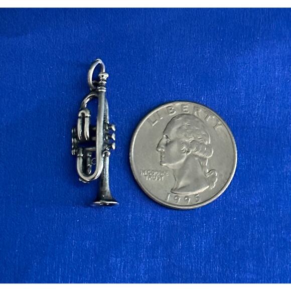 Sterling Silver 3D Trumpet Charm, Silver 3D Trumpet Pendant - Picture 4 of 5